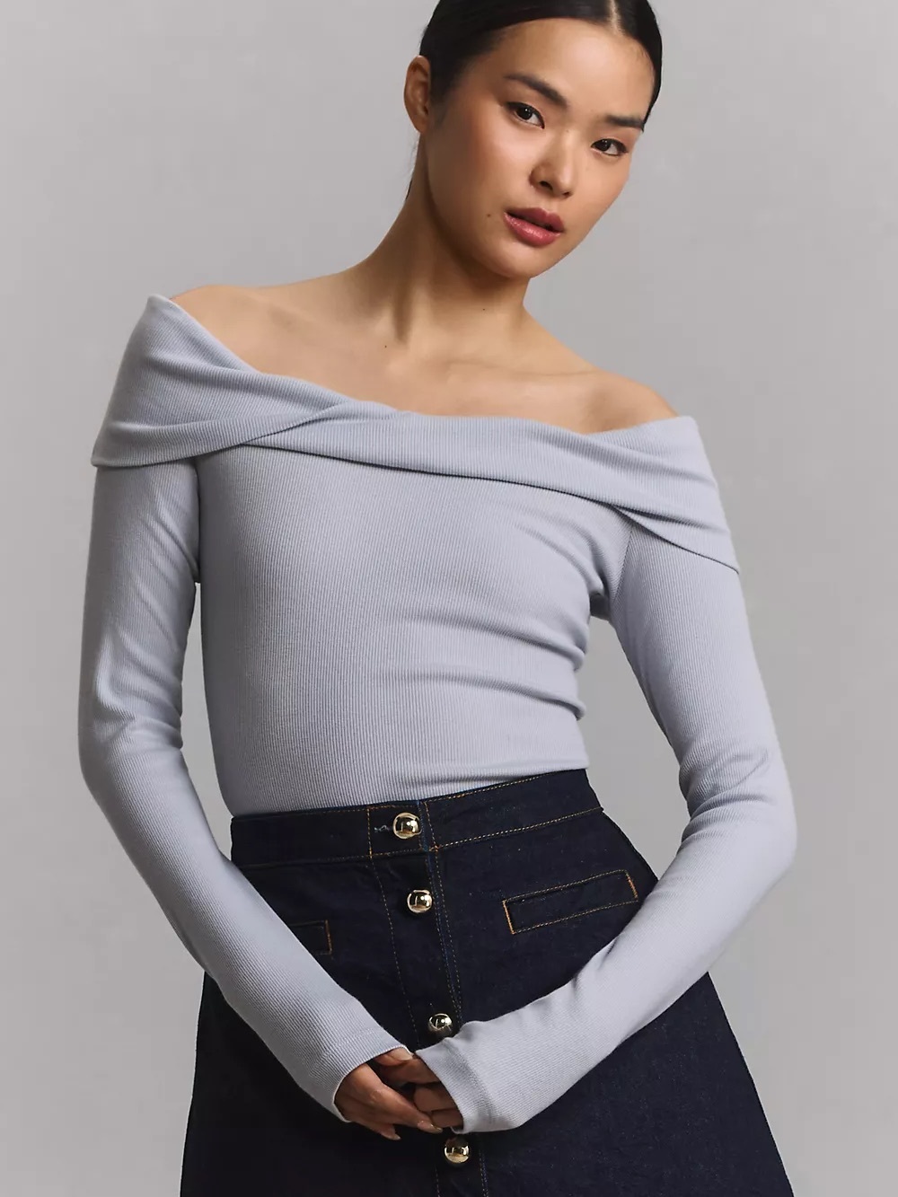 Pilcro Anthropologie Off-The-Shoulder Long-Sleeve Top Light Blue Size 1X